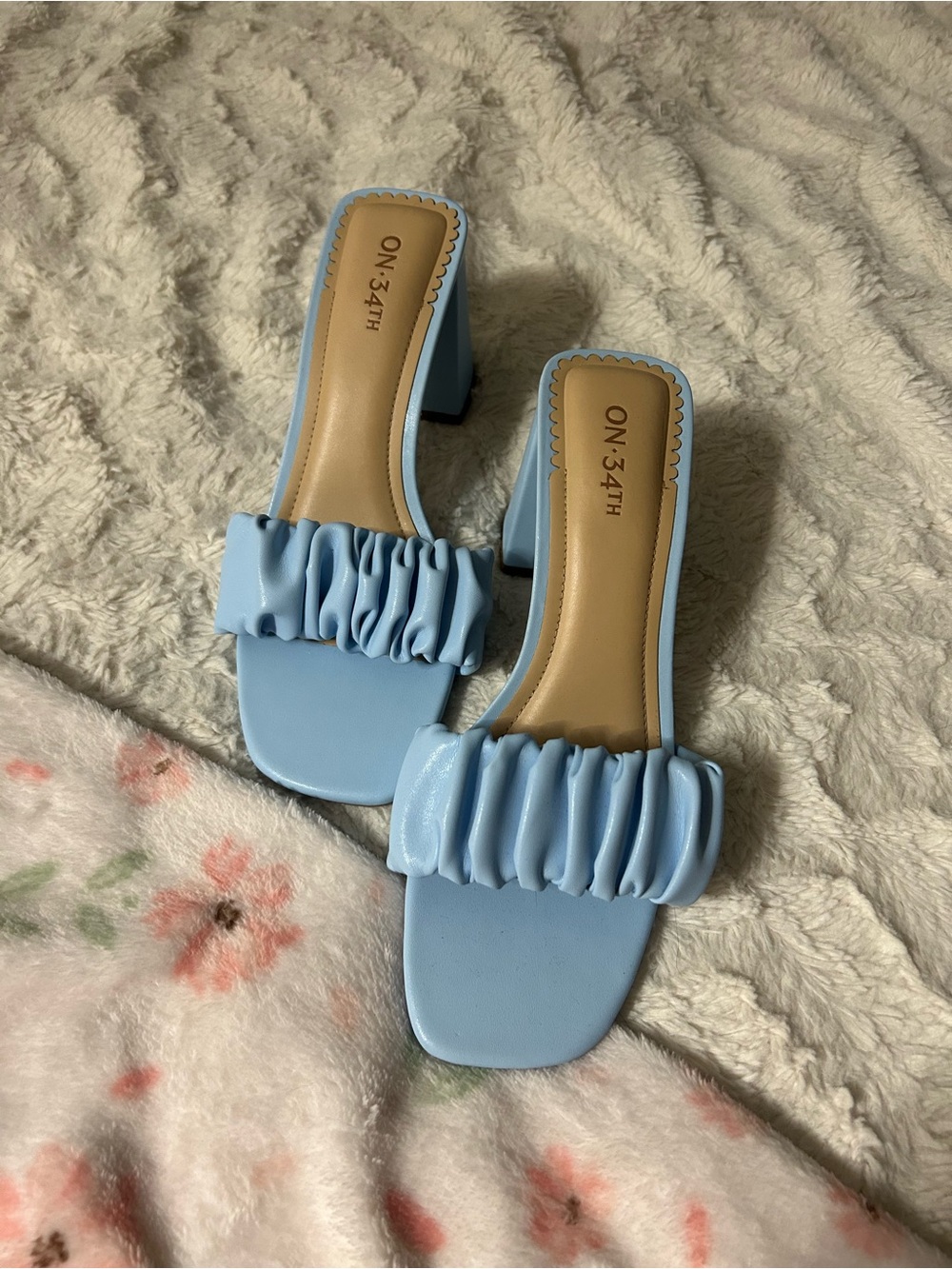 On:34th Light Blue Ruched Block Heel Mule